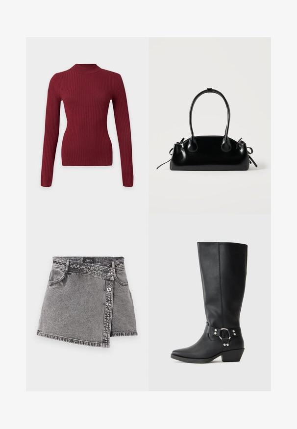 Langærmet tætsiddende ribstrikket sweater i mørkerød med høj rund hals på hvid baggrund.; Grå denim mini nederdel med et asymmetrisk snit, prydet med sølvknapdetaljer og en lomme på forsiden. Blød tekstur og afslappet design.; Sorte læderknæhøje støvler med spids tå, der har en dekorativ ankelrem og sølvfarvede hardware-detaljer. Lav stablet hæl.; Lille sort blank håndtaske med to lange håndtag og snøre-detaljer i siden på en ensfarvet lys baggrund.
