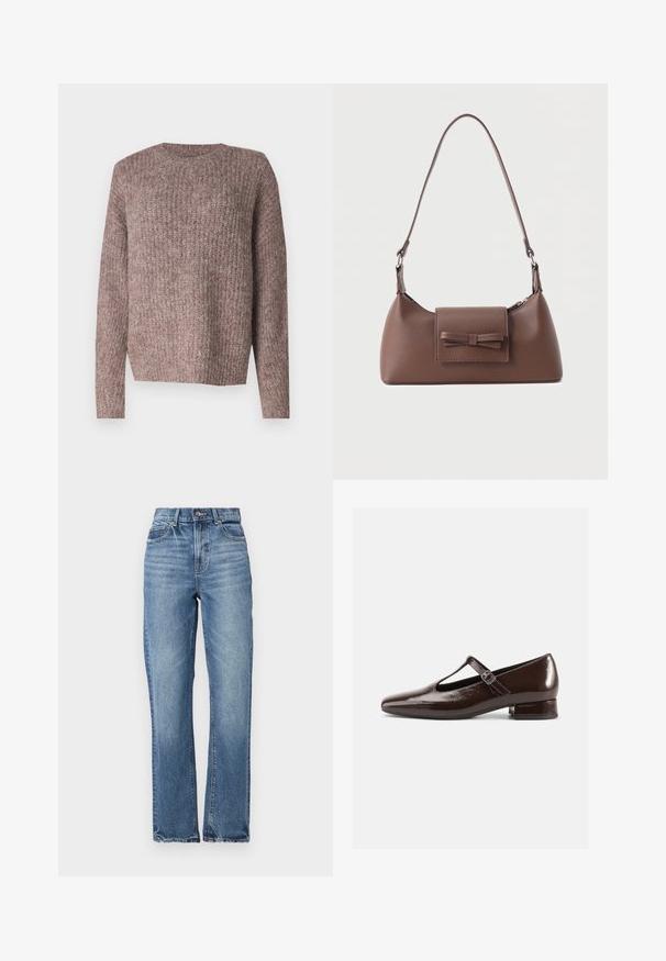 Bruine, ribgebreide trui met lange mouwen en een ronde hals. Relaxte pasvorm en zachte textuur, geschikt voor casual draagstijl.; Lichtblauwe denim jeans met een hoge taille, recht gesneden pijpen, minimale vervaging en klassieke vijf-pocketstijl. Voorzien van een bronzen knoopsluiting.; Bruine lakleren Mary Jane-schoenen met een afgeronde neus, een uitgesneden ontwerp en een verstelbare riem. Lage blokhak.; Bruine leren schoudertas met een voorvak met klep en een gestikte strikdetail en een verstelbare band.