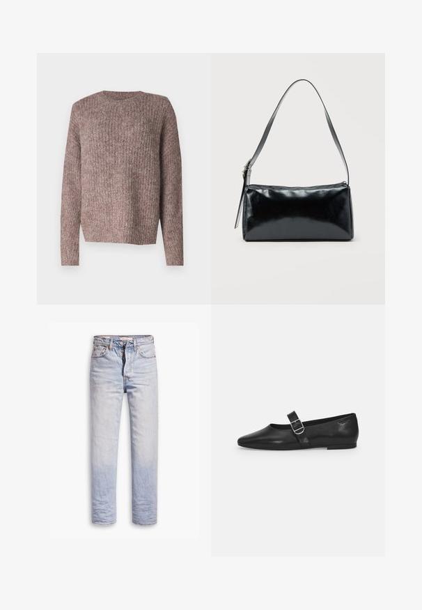 Bruine, ribgebreide trui met lange mouwen en een ronde hals. Relaxte pasvorm en zachte textuur, geschikt voor casual draagstijl.; Lichtblauwe denim jeans met een straight leg ontwerp, voorzien van een knoopgulp, vijf zakken en subtiele vervaging langs de benen.; Zwarte leren platte schoen met een ronde neus, een enkele verstelbare gespsluiting en een gladde, glanzende textuur. Minimalistisch ontwerp met een lage hak.; Zwarte rechthoekige schoudertas met een enkele verstelbare band en een bovenste ritssluiting op een effen achtergrond.