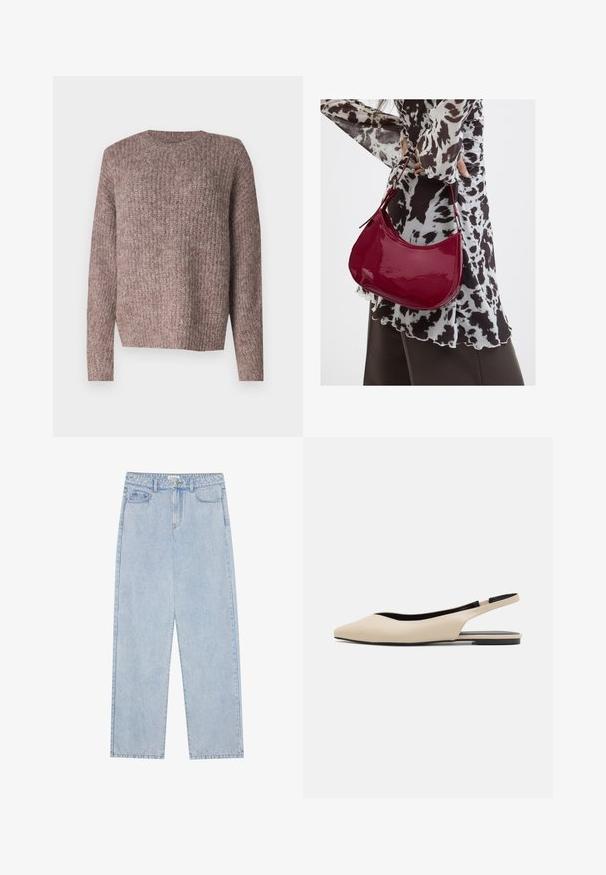 Brun, ribbet strikket sweater med lange ærmer og rund hals. Løs pasform og blød tekstur, egnet til afslappet brug.; Lyseblå, højtaljede denimbukser med lige ben, fem lommer og synlige sømme. Materialet har en klassisk vaskeeffekt.; Beige læder slingback flade sko med spidse tæer, minimalisk design, glat tekstur og en lav sort sål.; Kvinde iført en sort- og hvidmønstret bluse, der holder en blank rød skuldertaske mod en ensfarvet baggrund.
