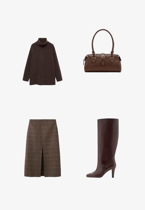 Brun turtle neck sweater lavet af blødt strikstof. Har lange ærmer og en afslappet pasform med høj krave for ekstra varme.; Brunternetternet plaid nederdel med lige snit, knælang, med en forreste slids. Stoffet har en tekstureret finish med subtile farvekontraster.; Brune læder knæhøj støvle med spids tå og stiletto hæl. Glat tekstur og sømløst design.; Brun læderhåndtaske med to håndtag, en central spænde-strop og guldfarvede beslag, vist mod en hvid baggrund.