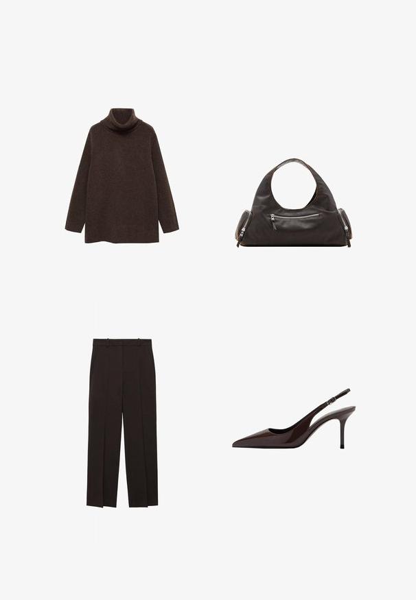 Brun turtle neck sweater lavet af blødt strikstof. Har lange ærmer og en afslappet pasform med høj krave for ekstra varme.; Sorte, højtaljede bukser med skræddersyet design, der har taljefolder, bæltestropper og lige ben. Glat stofstruktur.; Brune patenteret læder slingback hæle med spids tå, slank hæl og justerbar spænde-rem. Glat tekstur og skinnende finish.; Sort læderhåndtaske med et rundt øverste håndtag, to sidelommer med lynlåse og glat tekstur. Let slap design.