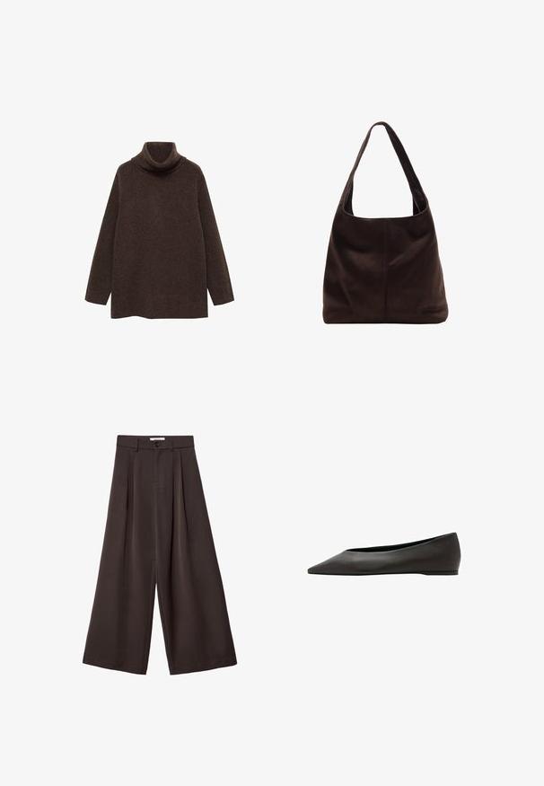Pull turtleneck marron en tricot doux. Il présente des manches longues et une coupe décontractée avec un col haut pour plus de chaleur.; Pantalon large marron foncé avec plis à l'avant, fermeture par bouton et passants de ceinture, présenté sur un fond blanc.; Chaussure plate noire à bout pointu avec un talon bas et une tige en cuir lisse, présentée de profil sur un fond blanc.; Sac à épaule en suède marron avec une large bandoulière plate. Design doux et non structuré avec une couture centrale. Pas de matériel ou d'ornements visibles.