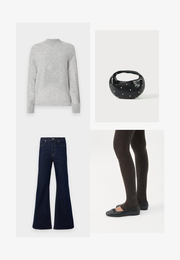 Sweater gris clair avec un col montant, coupe ample et manches longues. Fabriqué à partir d'un matériau doux avec une finition légèrement texturée.; Jean en denim bleu foncé évasé, doté d'une taille haute, de poches avant et de surpiqûres dorées. Texture douce avec une coupe traditionnelle.; Jambes portant des leggings côtelés foncés associés à des ballerines noires avec de petits détails en nœud sur fond blanc.; Sac à main en cuir noir de forme arrondie, décoré de clous argentés et équipé d'une poignée courte. Texture lisse et fermeture éclair.