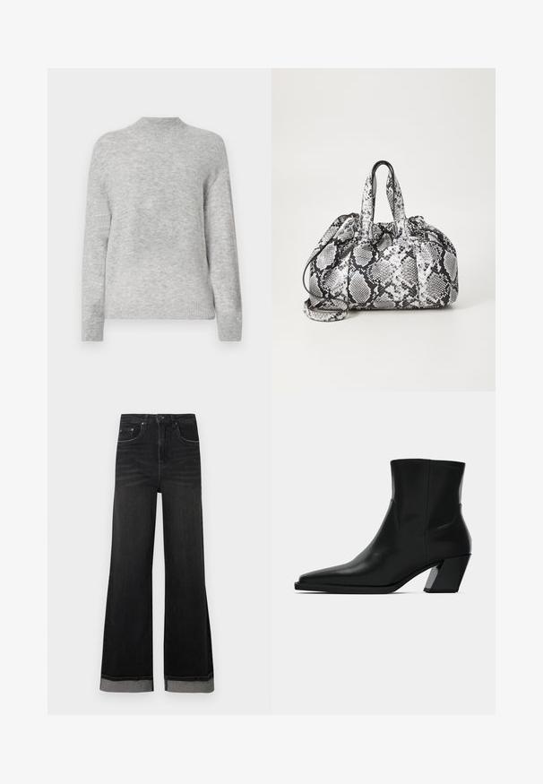 Sweater gris clair avec un col montant, coupe ample et manches longues. Fabriqué à partir d'un matériau doux avec une finition légèrement texturée.; Jean en denim noir flare à taille haute, avec cinq poches et une couture contrastante. Les ourlets sont repliés avec un détail gris.; Bottine en cuir noir avec un bout pointu, une silhouette élégante et un talon carré massif. Texture lisse avec des détails de couture minimalistes.; Sac à main en motif peau de serpent noir et blanc avec deux poignées, une fermeture à cordon et une bandoulière amovible. Texture lisse.