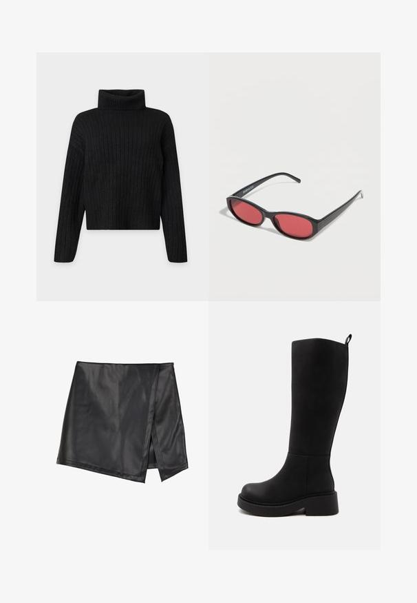 Sort ribstrikket rullekrave trøje med lange ærmer og en let cropped pasform på en ensfarvet lys baggrund.; Even&Odd by Zalando Mini skirts - black; Høj sort støvle med tyk sål og lav blokhæl, glat tekstur og lille løkke bagpå øverst til at trække i.; Sorte ovale solbriller med tynde arme og rødtonede linser, der ligger på en hvid overflade.