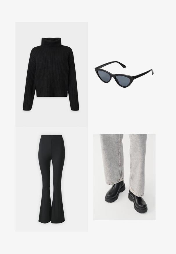 Jersey negro de punto acanalado con cuello alto, mangas largas y un ajuste ligeramente cropped sobre un fondo liso y claro.; Pantalones acampanados negros hechos de tejido elástico. Presentan una cinturilla alta y un diseño ajustado y suave que se ensancha desde la rodilla hacia abajo.; Vagabond COSMO - Botines con plataforma - black; Gafas de sol negras en forma de ojo de gato con lentes gris oscuro, marco de plástico elegante, esquinas puntiagudas y patillas rectas. Sin herrajes ni acentos visibles.