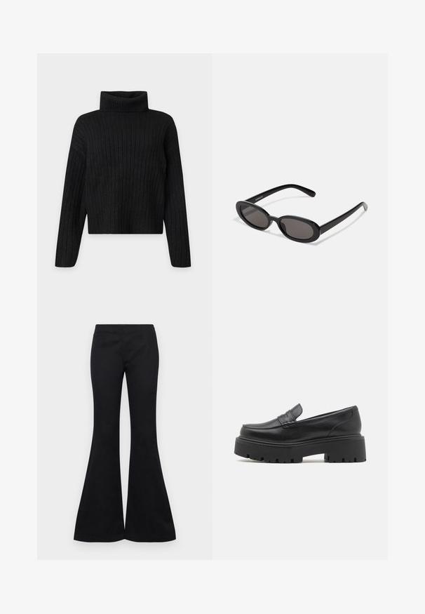 Jersey negro de punto acanalado con cuello alto, mangas largas y un ajuste ligeramente cropped sobre un fondo liso y claro.; Pantalones de campana negros feitos de un tejido suave, con un corte ajustado en la parte superior y piernas anchas, sin adornos ni bolsillos visibles.; Mocasines de cuero negro con una suela de goma baja y gruesa, detalles de costura en la parte superior y una textura suave.; Even&Odd by Zalando Gafas de sol - black
