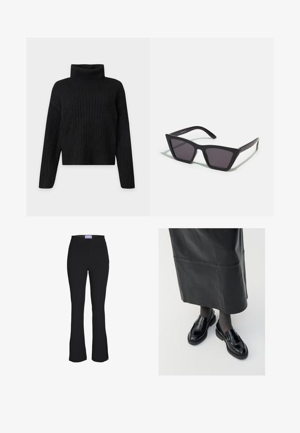Jersey negro de punto acanalado con cuello alto, mangas largas y un ajuste ligeramente cropped sobre un fondo liso y claro.; Pantalones acampanados negros de cintura alta con pequeñas aberturas laterales en la parte inferior y una etiqueta púrpura en la cinturilla.; Mocasines de cuero negro con un acabado suave, que presentan una tira decorativa, puntera redonda y suela texturizada. Llevados con una falda larga de cuero negro.; Gafas de sol negras y angulares con lentes grises; fabricadas en plástico, con varillas gruesas de superficie suave y sin herrajes visibles.