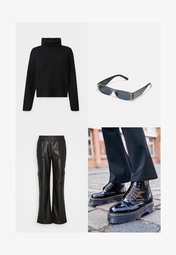 Jersey negro de punto acanalado con cuello alto, mangas largas y un ajuste ligeramente cropped sobre un fondo liso y claro.; Gina Tricot TROUSERS - Pantalones cargo - black; Botas anatómicas de charol negro con una suela de goma gruesa, cremallera lateral, herrajes dorados y detalle de costura amarilla en contraste.; Gafas de sol negras con lentes grises, presentando un patrón enrejado de pequeños rhinestones metálicos a lo largo de las monturas. Acabado suave, diseño angular.