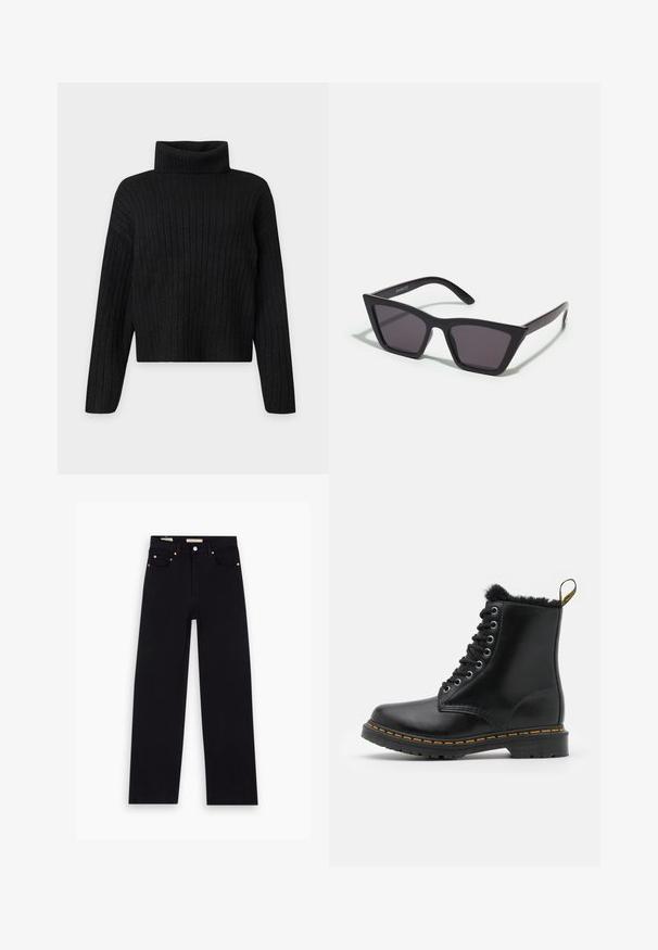 Sort ribstrikket rullekrave trøje med lange ærmer og en let cropped pasform på en ensfarvet lys baggrund.; Sorte denim jeans med lige pasform, fem lommer, kobberdetaljer og en glat tekstur. To mærker synlige på taljebåndet.; Sorte læder ankelstøvler med rund tå, pelsfor, sølvøjer og gul syning langs sålen. Solid gummisål.; Sorte, kantede solbriller med grå linser; lavet af plast, med tykke stænger med en glat overflade og ingen synlig hardware.