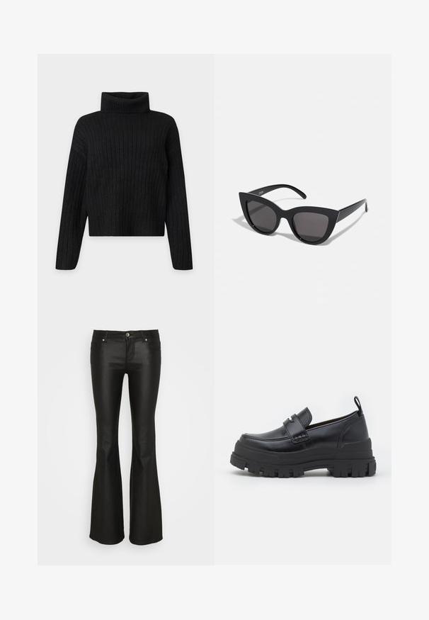 Jersey negro de punto acanalado con cuello alto, mangas largas y un ajuste ligeramente cropped sobre un fondo liso y claro.; ONLY ONLTIGER LOW WAISTED FLARED - Pantalones - black; Mocasín de cuero negro con suela gruesa y acanalada, costuras en la puntera estilo mocasín, detalle de correa en la parte superior y tira para tirar en el talón, mostrado de perfil lateral.; Gafas de sol negras en forma de ojo de gato con un acabado mate, que presentan lentes ahumados grises, ángulos pronunciados y brazos laterales elegantes. Nombre de la marca visible en el interior del brazo.