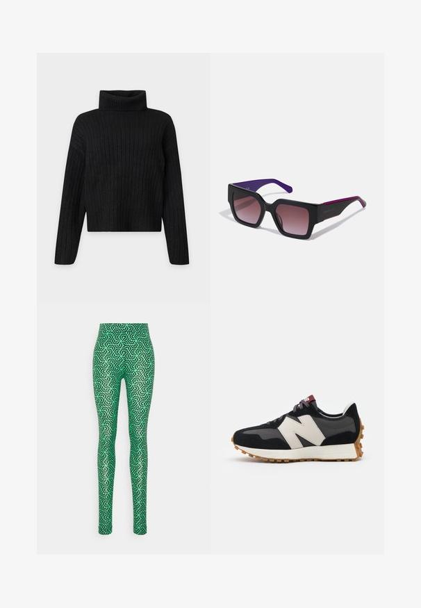 Sort ribstrikket rullekrave trøje med lange ærmer og en let cropped pasform på en ensfarvet lys baggrund.; b.young BYROMINA - Leggings - ming green mix; Sort og grå ruskinds sneakers med et stort cremefarvet "N" logo, lilla snørebånd og en struktureret gummisål.; Sort rektangulære solbriller med gradientlinser, lilla arme og slanke kanter. Har en mat finish og et subtilt logo på stangen.