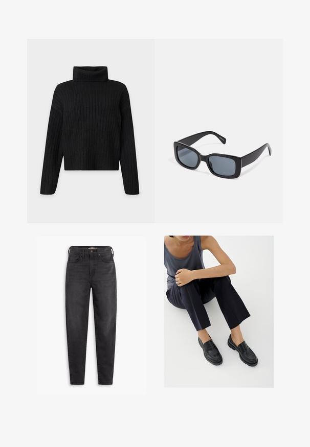 Sort ribstrikket rullekrave trøje med lange ærmer og en let cropped pasform på en ensfarvet lys baggrund.; Sorte højtaljede slim-fit jeans med for- og baglommer, knaplukning og bæltestropper, præsenteret på en hvid baggrund.; Sorte læderloafers med teksturerede detaljer, lav hæl, rund tå og synlige syninger. Modellen bærer mørke bukser og en grå top.; Sorte rektangulære solbriller med mørkt tonede linser, tyk plastramme og brede stænger. Glat overflade og kantet design.