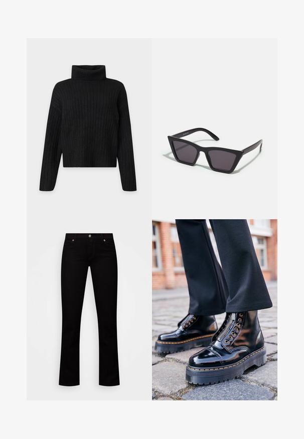 Pull à col roulé en tricot côtelé noir avec manches longues et coupe légèrement raccourcie sur un fond clair uni.; Jean noir droit avec poches avant, passants de ceinture et fermeture par bouton sur fond blanc.; Bottines en cuir verni noir avec une semelle en caoutchouc épaisse, fermeture éclair sur le côté, quincaillerie en œillet doré et détail de surpiqûre jaune contrastant.; Lunettes noires angulaires avec des verres gris ; fabriquées en plastique, avec des branches épaisses à la surface lisse et sans matériel visible.