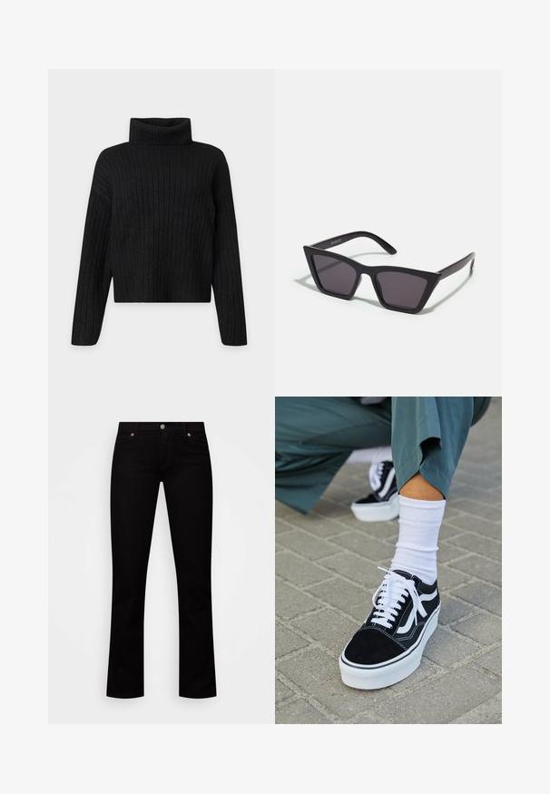 Sort ribstrikket rullekrave trøje med lange ærmer og en let cropped pasform på en ensfarvet lys baggrund.; Sorte jeans med lige ben, forlommer, bæltestropper og knaplukning på hvid baggrund.; Sorte ruskinds sneakers med hvide accenter og snørebånd, der har en tyk hvid sål og kontrasterende syninger, parret med en hvid sok.; Sorte, kantede solbriller med grå linser; lavet af plast, med tykke stænger med en glat overflade og ingen synlig hardware.