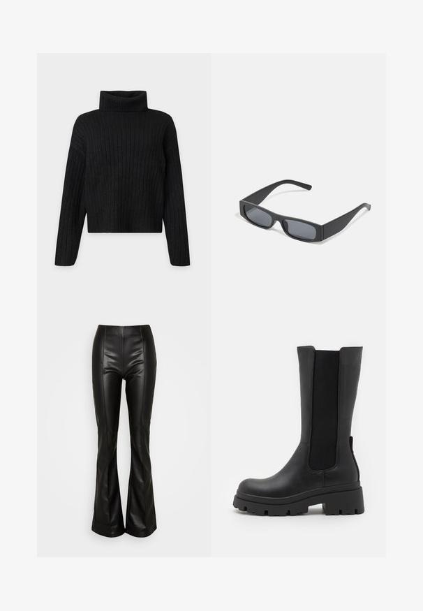 Pull à col roulé en tricot côtelé noir avec manches longues et coupe légèrement raccourcie sur un fond clair uni.; ONLY ONLIDINA FLARE PANT - Pantalon classique - black; ONLY SHOES ONLDOJA - Bottes à plateau - black; Lunettes de soleil noires rectangulaires avec des verres foncés et des montures en mat épais. Les branches sont légèrement effilées avec une texture lisse.