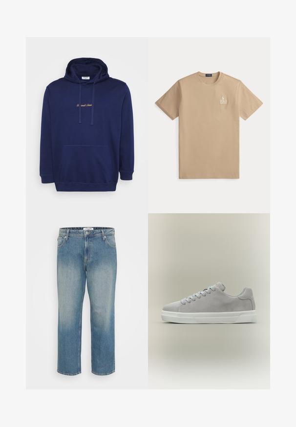Marineblauer Pullover mit einer vorderen Tasche, Kordeln und gesticktem Text in hellbraun. Hergestellt aus weichem Stoff mit glatter Textur.; Beige Polo Ralph Lauren T-Shirt mit kurzen Ärmeln, Rundhalsausschnitt und kleinem weißem Logo auf der linken Brust.; Geradlinige blaue Jeans aus Denim mit verblasster Vorderseite, Fünf-Taschen-Design, Knopf- und Reißverschluss sowie Gürtelschlaufen.; Hellgrauer Wildleder-Sneaker mit weißer Gummisohle und grauen Schnürsenkeln, seitlich vor neutralem Hintergrund dargestellt.