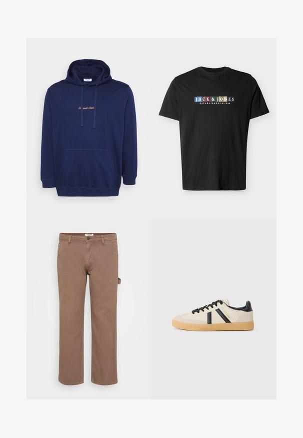 Marineblå hættetrøje med en frontlomme, snore og broderet tekst i lys brun. Fremstillet af blødt stof med en glat overflade.; Sort kortærmet T-shirt med teksten "JACK & JONES ESTABLISHED IN 1990" i farverige blokbogstaver på brystet.; Brune bomulds twill bukser med et lige ben-design. Har forlommer og en sidelommer til utility. Glat tekstur, afslappet stil.; Casual sneakers i creme med sorte striber, med en tekstureret overdel og sål i gummigummi. Snørebåndene er sorte. Diskret logo på siden.