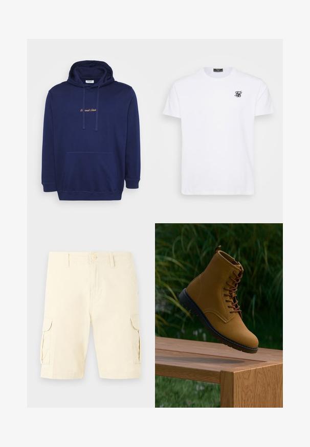 Marineblauwe hoodie met een voorzak, koordjes en geborduurde tekst in lichtbruin. Gemaakt van zachte stof met een gladde textuur.; Witte katoenen t-shirt met een ronde hals. Heeft een klein zwart geborduurd logo op de borst. Korte mouwen en een recht model.; Beige cargoshorts tot aan de knie met knoop- en ritssluiting, riemlussen en klepzakken aan beide zijden.; Bruine suède enkellaars met bruine veters, een zwarte rubberen zool en een gladde afwerking, uitgestald boven een houten oppervlak tegen een achtergrond van groen.