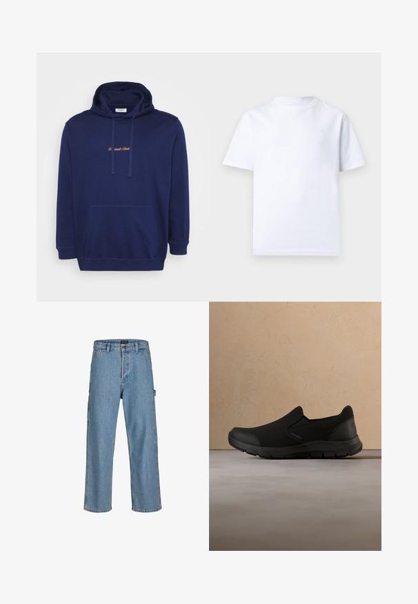 Marineblauer Pullover mit einer vorderen Tasche, Kordeln und gesticktem Text in hellbraun. Hergestellt aus weichem Stoff mit glatter Textur.; Schlichtes weißes T-Shirt mit kurzen Ärmeln und rundem Ausschnitt, flach auf hellem Hintergrund präsentiert, ohne sichtbare Logos oder Muster.; Hellblaue Denim-Jeans mit entspannter Passform, geraden Beinen und klassischem Knopfverschluss. Mit Seitentaschen und subtilen Stichdetails.; Schwarze Slipper mit einem strukturierten Mesh-Obermaterial, Gummisohle und gepolsterter Lasche für Komfort. Leichtes Design mit flexibler Struktur.