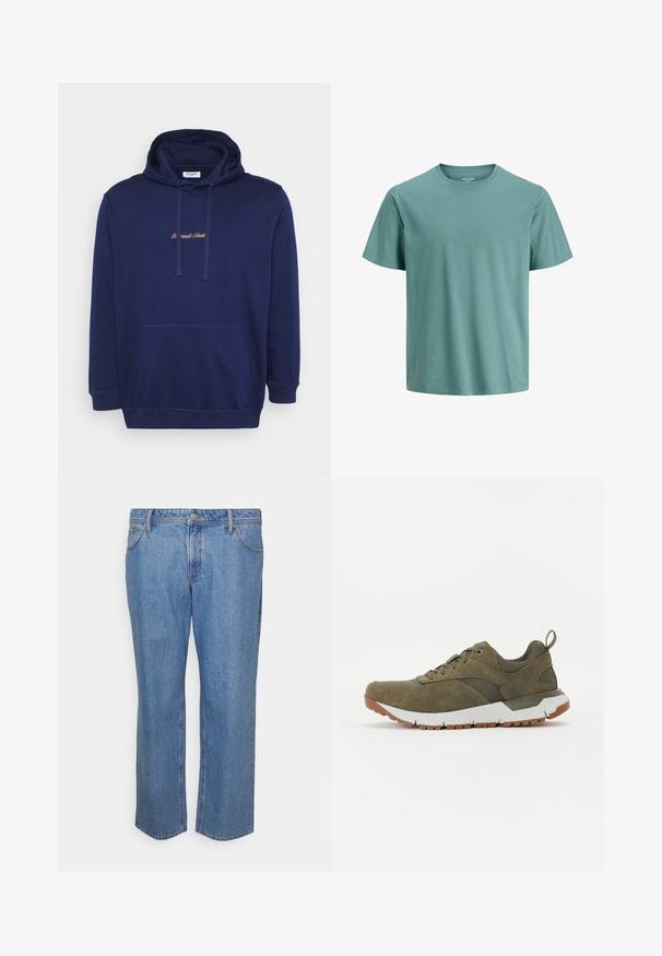Marineblauer Pullover mit einer vorderen Tasche, Kordeln und gesticktem Text in hellbraun. Hergestellt aus weichem Stoff mit glatter Textur.; Schlichtes T-Shirt mit kurzen Ärmeln und Rundhalsausschnitt in gedämpftem Türkis, aus glattem Stoff, vor weißem Hintergrund präsentiert.; Jack & Jones JJICHRIS JJORIGINAL - Jeans Relaxed Fit - blue denim; Olivgrüne Sneakers aus Wildleder und Mesh-Materialien. Verfügt über eine weiße Zwischensohle, eine braune Gummisohle und graue Hardware-Details.