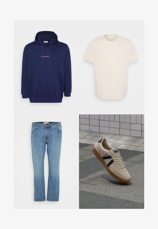 Marineblauwe hoodie met een voorzak, koordjes en geborduurde tekst in lichtbruin. Gemaakt van zachte stof met een gladde textuur.; Lichtbeige katoen T-shirt met een ronde hals, korte mouwen en een klein wit logo op de linker borst. Gladde textuur.; Blauwe rechte denim jeans met een knoop- en ritssluiting, voor- en achterzakken en zichtbare stiksels op een witte achtergrond.; Beige sneaker met een textuurafwerking, marineblauwe strepen en een rubberen zool. Heeft een gevoerde tong en een traditioneel vetersysteem voor een veilige pasvorm.