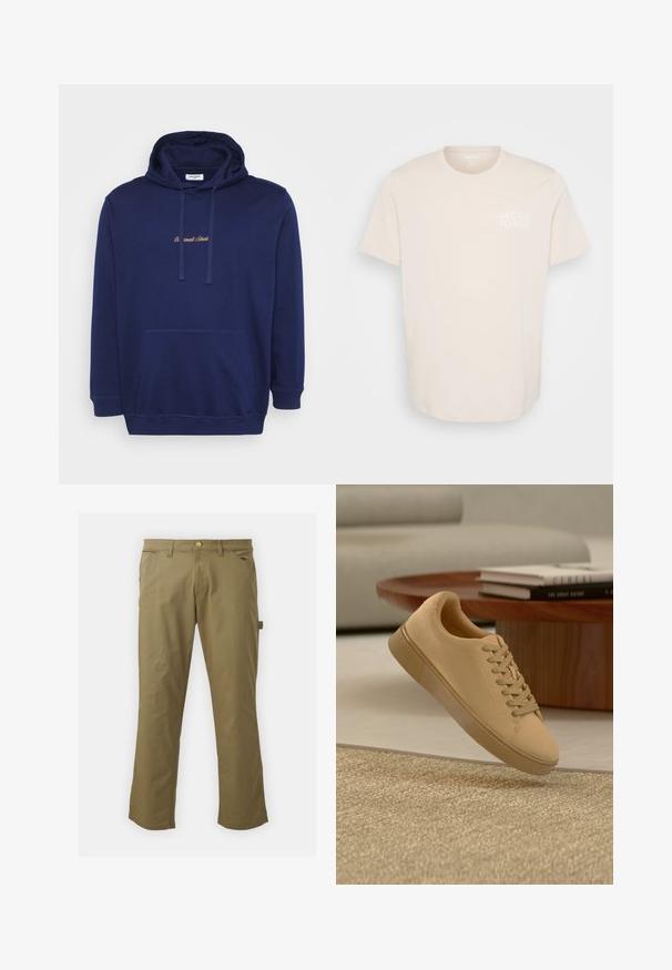 Marineblå hættetrøje med en frontlomme, snore og broderet tekst i lys brun. Fremstillet af blødt stof med en glat overflade.; Lys beige bomulds T-shirt med rund halsudskæring, korte ærmer og et lille hvidt logo på venstre brystområde. Glat tekstur.; Kaki bukser lavet af glat stof, med knaplukning, bæltestropper, to forlommer og en sidelomme, i lige ben design.; Beige snørestøvler, der svæver over et tekstureret tæppe med et træ sofabord og stablede bøger i en sløret baggrund.