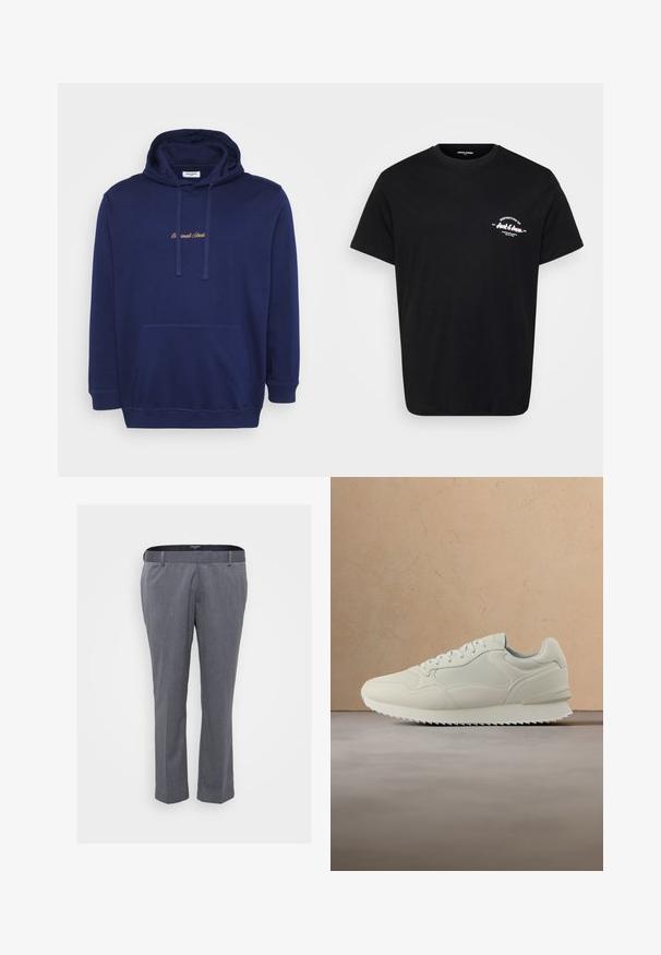Marineblå hættetrøje med en frontlomme, snore og broderet tekst i lys brun. Fremstillet af blødt stof med en glat overflade.; Sort bomulds-T-shirt med rund hals, korte ærmer og et hvidt trykt logo på venstre bryst. Klassisk pasform og glat tekstur.; Grå skrædderbukser med lige ben-design, lavet af tekstureret stof. Har bæltestropper og lynlåslukning.; Kremfarvet sneaker med snøredesign, tyk sål og tekstureret ydersål, svævende over en beige tæppe- og sofabaggrund.