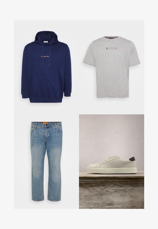 Marineblauer Pullover mit einer vorderen Tasche, Kordeln und gesticktem Text in hellbraun. Hergestellt aus weichem Stoff mit glatter Textur.; Graues Baumwoll-T-Shirt mit kurzen Ärmeln und rundem Ausschnitt. Mit einem kleinen, zentrierten Logo mit blauen und roten Akzenten. Weicher Stoff, lockere Passform.; Hellblaue Denim-Jeans mit geradem Bein, ausgestattet mit fünf Taschen, einem Knopfverschluss und einem orangefarbigen Markenschild am Bund.; Weißer Sneaker mit strukturierter Sohle und schwarzem Absatzdetail, schwebend über einer Holzbank mit hohem grünem Gras im Hintergrund.