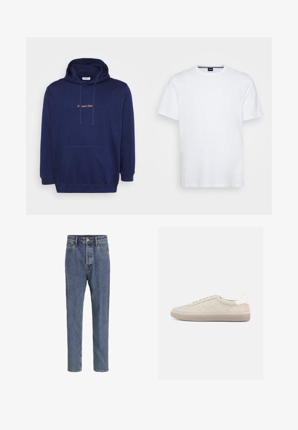 Marineblå hættetrøje med en frontlomme, snore og broderet tekst i lys brun. Fremstillet af blødt stof med en glat overflade.; Hvid bomulds t-shirt med rund halsudskæring og korte ærmer. Har et subtile mærke ved halsen. Glat tekstur, klassisk pasform.; Lyseblå denimjeans med fem lommer, lige ben, knaplukning og bæltestropper, vist mod en ensfarvet baggrund.; Beige ruskindssneaker med en tekstureret overdel, glat hvid hælkappe, tynde snørebånd og en gummi-ydersål. Har et lavt profil design.