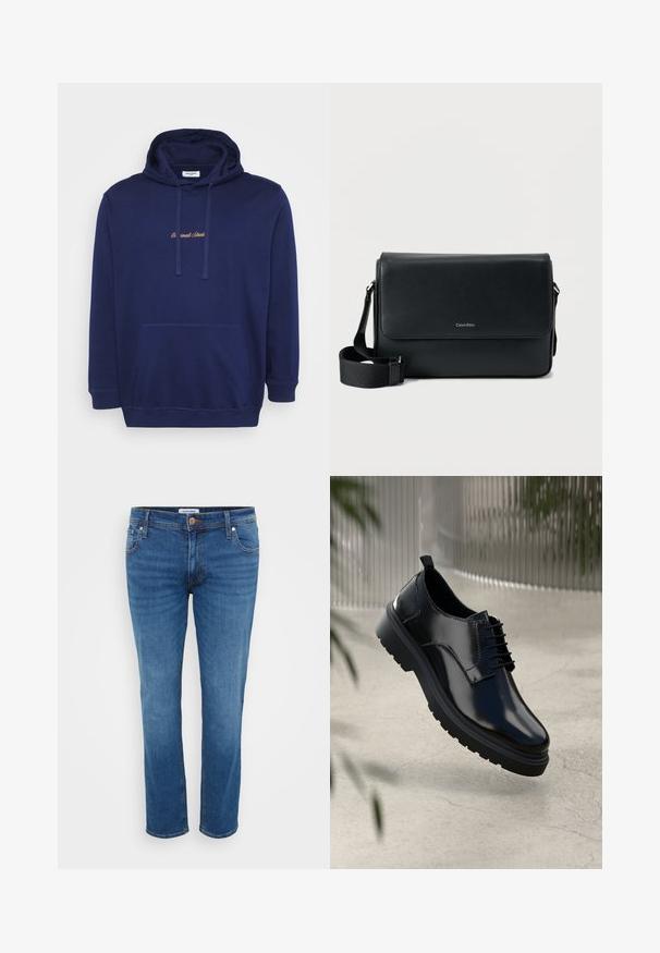 Marineblauwe hoodie met een voorzak, koordjes en geborduurde tekst in lichtbruin. Gemaakt van zachte stof met een gladde textuur.; Denim jeans in een middelblauwe kleur, met een recht model, vijf zakken en een knoopsluiting bij de taille.; Zwarte leren schoen met een glanzende afwerking, ronde neus, vetersluiting, contrasterende stiksels en een dikke rubberen zool met profielpatronen.; Zwarte leren messengerbag met een gestructureerde afwerking, verstelbare riem en een voorflap met een subtiel logo. Compacte en rechthoekige vorm.