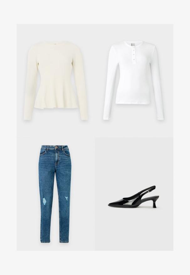 Langærmet, ribbet striktop i off-white med rund halsudskæring og flared kant. Blød tekstur med en tætsiddende bodice og flydende bund.; Hvid langærmet ribbet top med henley-krave, der har tre knapper. Glat tekstur og tætsiddende design.; Blå højtaljede skinny jeans med slidte detaljer på lår og lommer, med knap- og lynlås-lukning.; Sorte patenterede slingback-sko med spidse tæer og lav blokhæl. Justerbar spænde-rem ved anklen.