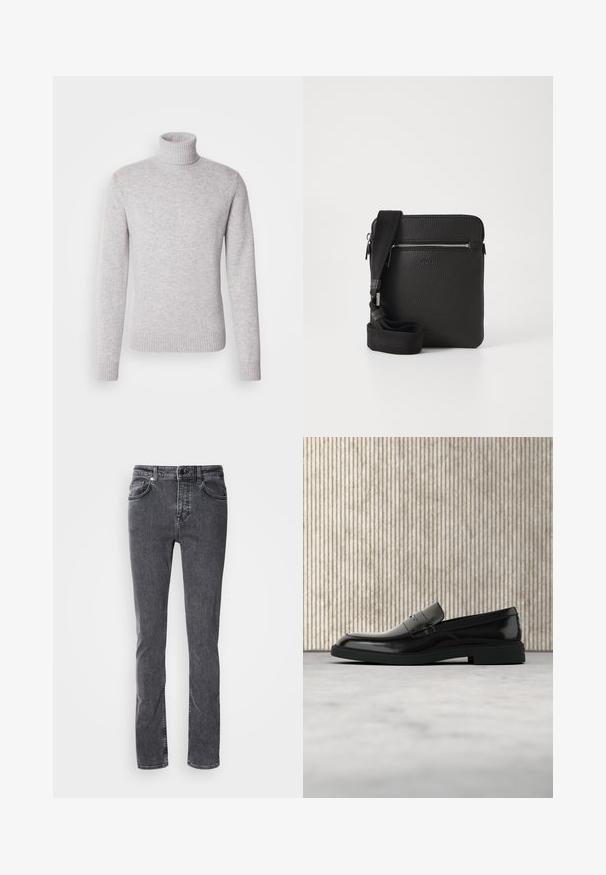 Pull en maille tricotée gris clair à col roulé. Doté d'un col et de poignets côtelés. Forme classique et ajustée avec des manches longues.; Jean en denim gris foncé, coupe droite, cinq poches, coutures contrastantes, braguette zippée et fermeture par bouton. Aucun motif ou ornement visible.; Mocassin en cuir noir poli flottant au-dessus d'un tapis beige avec un mobilier translucide orange en arrière-plan.; Sac à bandoulière en cuir noir avec une surface texturée, poche avant zippée et une sangle en tissu réglable. Design simple et carré.