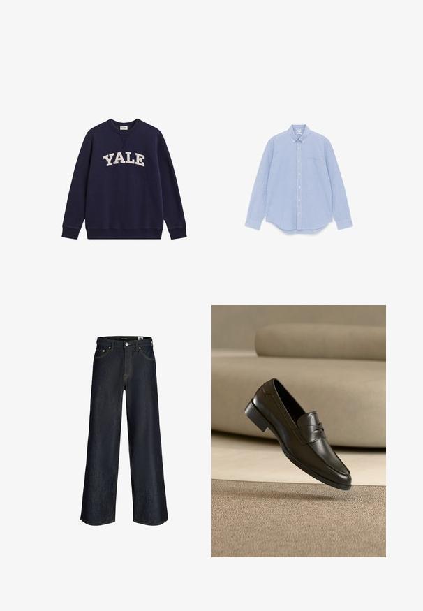 Sweat-shirt bleu foncé à col rond avec texte Yale blanc sur la poitrine et poignets et ourlet côtelés.; Chemise à manches longues à rayures bleu et blanche, avec col, poche devant, ourlet arrondi et texture lisse.; Jean en denim bleu foncé à jambes larges avec bouton à l'avant, poches et coutures orange visibles sur fond blanc.; Mocassin en cuir noir flottant au-dessus d'un tapis beige avec un canapé beige en arrière-plan, mettant en valeur le design classique pour hommes sans lacets.