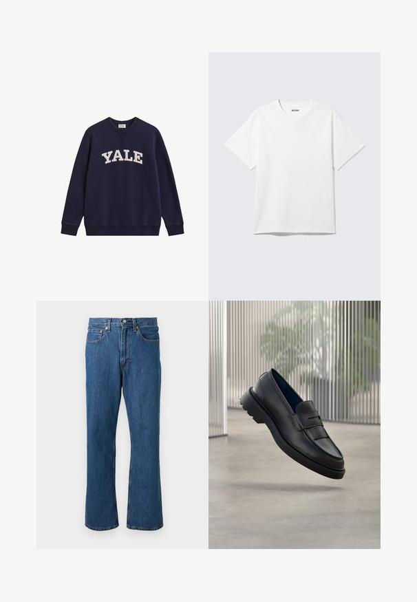 Sweat-shirt bleu foncé à col rond avec texte Yale blanc sur la poitrine et poignets et ourlet côtelés.; T-shirt blanc à manches courtes et col rond, étalé à plat, design uni, avec l'étiquette "WEEKDAY" à l'intérieur du col sur un fond clair.; Jean droit bleu en denim avec bouton et fermeture éclair à l'avant, cinq poches et détails de coutures orange sur un fond uni.; Mocassins noirs en cuir à finition lisse, avec une bride décorative et un panneau texturé à l'avant, ainsi qu'une semelle en caoutchouc texturée.