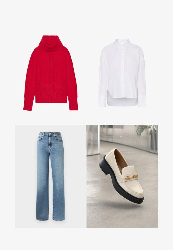 Rød strikket turtleneck sweater med ribbet tekstur, lodret detaljer og brede ribbede manchetter og kant. Blødt, tykt stof.; Hvid langærmet skjorte med knapper, spids krave, let længere bageste kant og store manchetter.; Lyseblå denimjeans med høj talje, vide ben, fem lommer og klassisk knaplukning. Glat tekstur med subtilt falmet udseende.; Loafer i cremefarve med sort sål og gulddetalje på spænde, placeret i en opadgående vinkel på en lysegrå betonbaggrund.