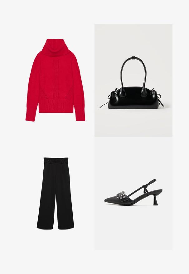 Rød strikket turtleneck sweater med ribbet tekstur, lodret detaljer og brede ribbede manchetter og kant. Blødt, tykt stof.; Sorte bukser med vide ben og høj talje, der har to forreste knapper og en glat tekstur. Lige snit med presninger foran.; Simmi London DALA - Pumps - black; Lille sort blank håndtaske med to lange håndtag og snøre-detaljer i siden på en ensfarvet lys baggrund.