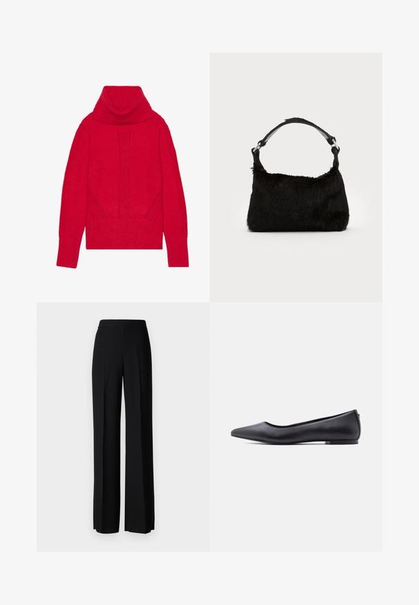 Pull à col roulé tricoté rouge présentant une texture côtelée, des détails verticaux, et de larges poignets et ourlet côtelés. Tissu doux et épais.; Pantalon noir à jambes larges avec une taille haute, en tissu lisse, présentant des plis à l'avant et une coupe classique et ajustée.; Chaussure plate en cuir noire à bout pointu avec petit talon, vue de profil sur fond blanc.; Sac à main en fausse fourrure noire avec une texture douce, une forme arrondie et une bandoulière en cuir noir robuste. Accent en métal argenté visible.