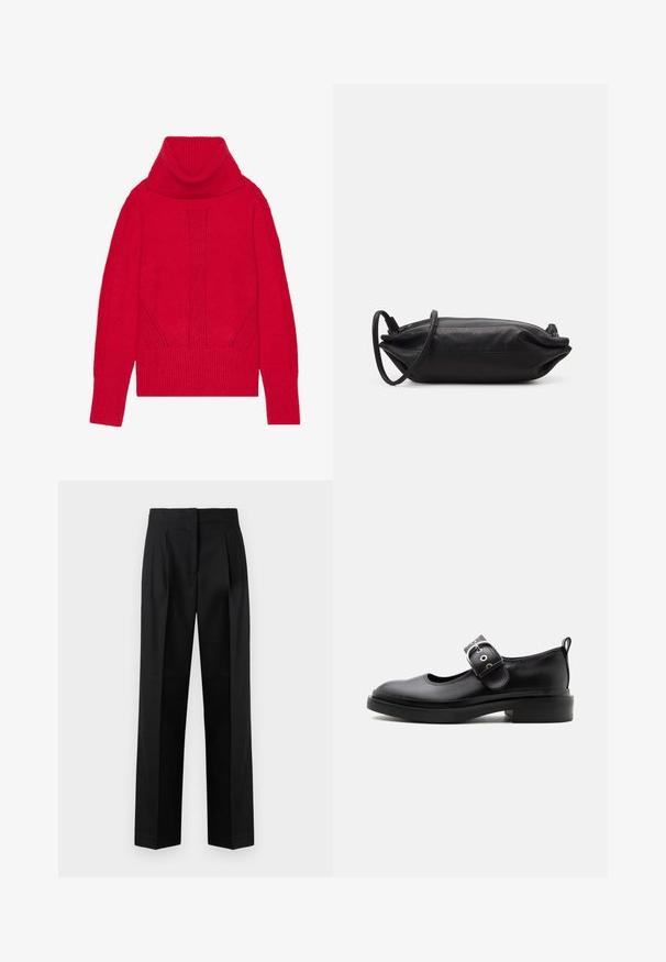 Rød strikket turtleneck sweater med ribbet tekstur, lodret detaljer og brede ribbede manchetter og kant. Blødt, tykt stof.; Sorte trousers lavet af vævet stof, med et skræddersyet design med plisseringer, lige ben og flad front. Holdbar og glat tekstur.; Sort læder Mary Jane-sko med tyk sål, rundet tå, sølvspænde og trækflig bagpå.; Sort læder clutch taske med rektangulær form, glat tekstur, tynd skulderrem og minimalistisk design.