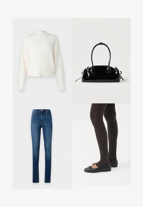 Lichtcrème geribde trui met lange mouwen en een hoge hals. Zachte textuur met een relaxte pasvorm, met subtiele verticale lijnen.; Hoge taille skinny jeans in medium blue denim met klassieke vijf-pocket stijl en knoopsluiting.; Benen met donkere geribbelde leggings gecombineerd met zwarte ballerina's met kleine strikdetails op een witte achtergrond.; Kleine zwarte glanzende handtas met twee lange hengsels en zijkant trekkoord details op een effen lichte achtergrond.