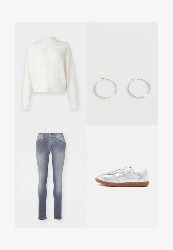 Lichtcrème geribde trui met lange mouwen en een hoge hals. Zachte textuur met een relaxte pasvorm, met subtiele verticale lijnen.; Skinny jeans in een middelgrote grijswas, gemaakt van denim. Beschikt over vijf zakken, riemlussen en een vervaagd effect bij de dijen en knieën.; Low-top sneaker met metallic zilverkleurig bovenwerk, beige veters en een gum rubberen zool op een effen lichte achtergrond.; Zilverkleurige metalen creolen oorbellen met een glad, licht gebogen oppervlak en sluitingen met haaksluiting op een effen witte achtergrond.