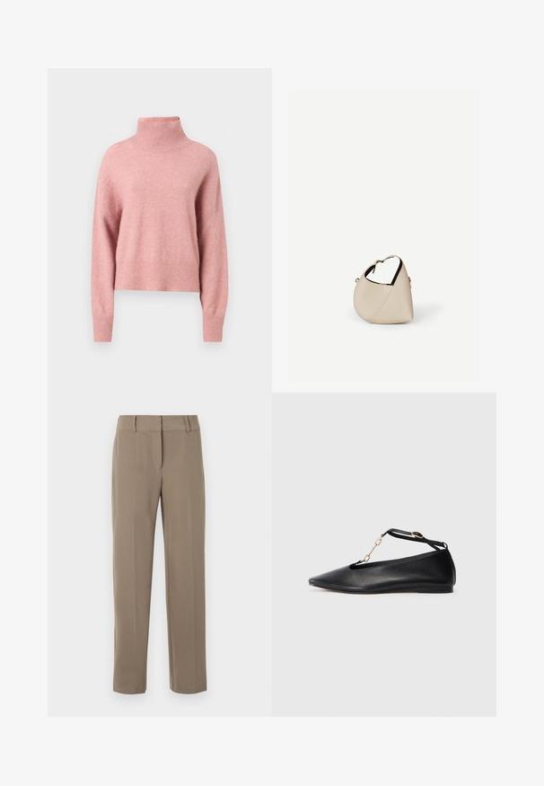 Suéter de cuello alto de punto grueso en rosa claro, con mangas largas y dobladillo acanalado. Textura suave, diseño corto y corte relajado.; Pantalones caqui de pierna recta con trabillas para cinturón y cierre frontal de cremallera sobre fondo blanco.; Bailarinas de cuero negro con punta afilada, diseño cortado, tira en el tobillo y detalle de cadena dorada. Textura suave, tacón minimal.; Bolso de cuero beige en forma de media luna con una sola correa para el hombro y costuras mínimas, colocado sobre un fondo blanco liso.