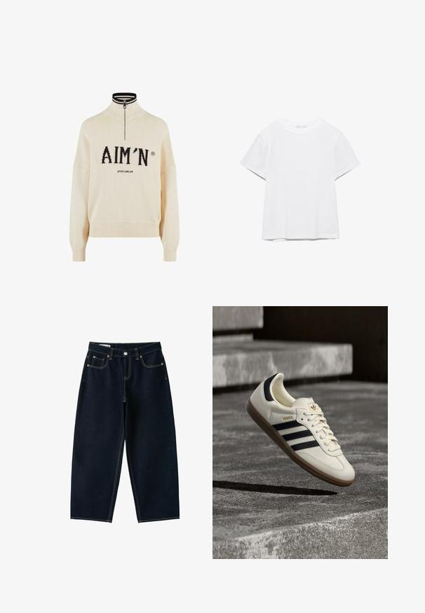 Pull crème à col haut et zip quart, avec le logo noir "AIM'N" et le texte "SPORTSWEAR", poignets et ourlet côtelés, texture tricotée.; T-shirt blanc uni à manches courtes et col rond, avec un ourlet droit, présenté sur un fond blanc.; Jean bleu foncé à jambes larges, taille haute, bouton sur le devant, fermeture éclair et cinq poches avec coutures apparentes.; Baskets blanches Adidas Samba avec des bandes noires et une semelle en gomme, flottant au-dessus de marches en béton gris texturé.