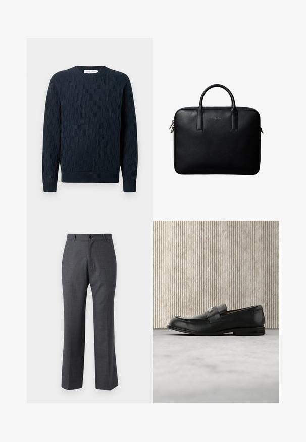 Pull en laine de couleur bleu marine, avec un motif texturé, un col rond et des poignets et un ourlet en côtes. Fabriqué à partir de fil doux pour plus de confort.; Pantalon de costume gris, confectionné en tissu tissé, avec une coupe droite, une taille plate et une fermeture à bouton unique.; Mocassin en cuir noir avec une plaque de marque en métal reposant près d'une table ronde marron sur un sol recouvert de moquette beige.; Mallette en cuir noir texturé avec double poignées et tirettes de fermeture éclair argentées, centrée sur fond blanc.