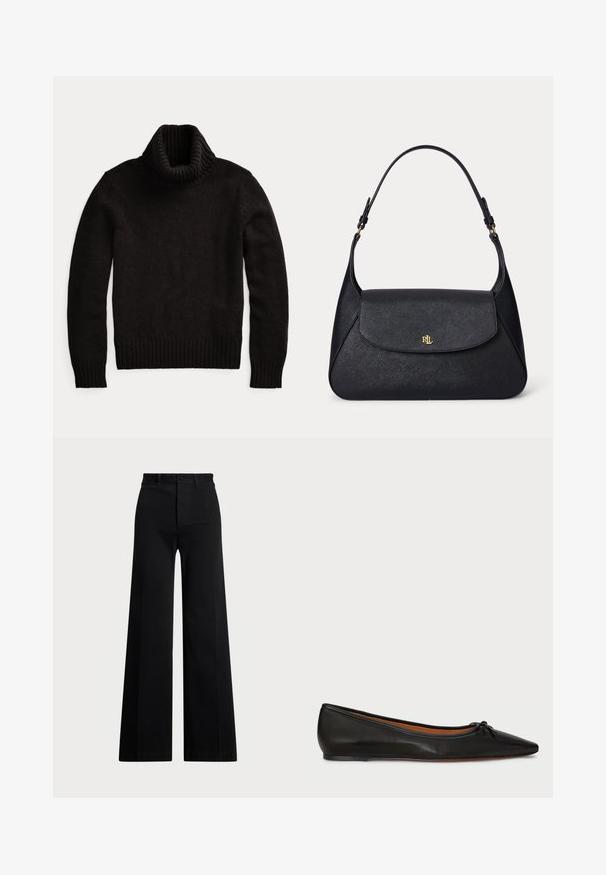 Pull à col roulé noir tricoté avec manches longues et poignets, col et ourlet côtelés sur fond blanc.; Pantalons larges noirs en tissu tissé, dotés d'une taille haute, d'une fermeture à boutons sur le devant et de poches latérales. Texture lisse avec des lignes épurées.; Ballet flat en cuir noir avec un bout pointu, une silhouette élancée et un petit nœud à l'avant. Texture lisse et design minimal.; Sac à bandoulière en cuir noir texturé avec un rabat arrondi et un logo doré "RL" sur le devant, doté d'une bandoulière réglable avec des accessoires dorés.