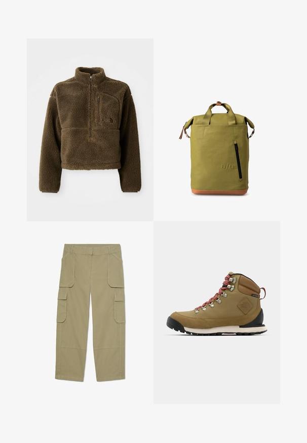 Braune Fleecejacke mit hohem Kragen, halbem Reißverschluss vorne und einer Brusttasche; verfügt über strukturierten Stoff und ein Logo auf der Vorderseite.; Khakifarbene Cargohose mit mehreren Klappentaschen vorne und an den Seiten, geradem Bein und Gürtelschlaufen in der Taille.; Braune Wanderstiefel mit roten Schnürsenkeln, Metallschlaufen, Lederakzenten und einer Gummisohle. Besitzt eine abgerundete Zehenpartie und einen gepolsterten Schaft.; Grüner wasserdichter Rucksack mit Rolltop-Design, ausgestattet mit einer Front-Reißverschlusstasche, braunen Lederelementen und stabilen Stoffriemen.