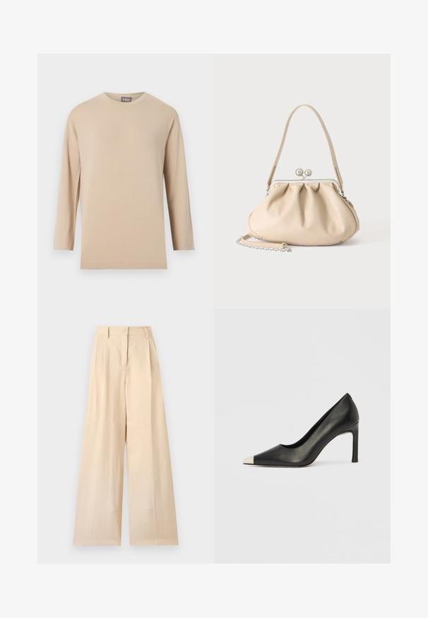 T-shirt beige à manches longues avec col rond et ourlet droit, présenté sur un fond blanc uni.; Pantalon beige taille haute à jambes larges avec passants de ceinture et fermeture éclair devant sur un fond uni clair.; Chaussure à talon haut en cuir noir avec bout pointu et capuchon argenté métallique. Présente une finition lisse et un talon fin de 10 cm.; Sac à main en cuir souple beige avec un fermoir en métal argenté, une bandoulière simple et une bandoulière chaîne optionnelle sur fond blanc.