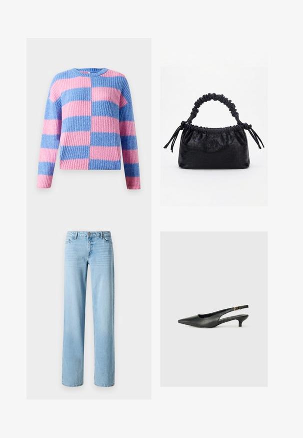 Pull en maille épaisse avec des rayures horizontales larges alternées en rose et bleu, doté d'un col rond et de manches longues.; Jeans en denim bleu clair, design à jambe droite, avec cinq poches et une fermeture à bouton à l'avant. Texture lisse avec un léger délavage.; Chaussure slingback noire à bout pointu en cuir lisse. Présente un talon fin et un détail de boucle sur la sangle réglable.; Sac à main noir avec texture crocodile, bord supérieur froncé, poignée plissée et pompons à cordon de chaque côté sur fond blanc.