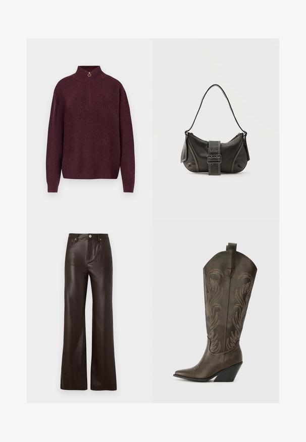 Bordeaux striktrøje med høj krave, der har en halv lynlås med en rund hætte, ribbet tekstur og lange, tætsiddende ærmer.; Vero Moda Wide-leg VMTESSA High rise - Bukser - chocolate torte; Brune læder cowboystøvle med spids tå, kilehæl og dekorativ broderi. Har en høj stok og en trækflap.; Sort læder skuldertaske med spænde på remmen, afrundede kanter og kontrasterende hvide syninger på en ensfarvet baggrund.